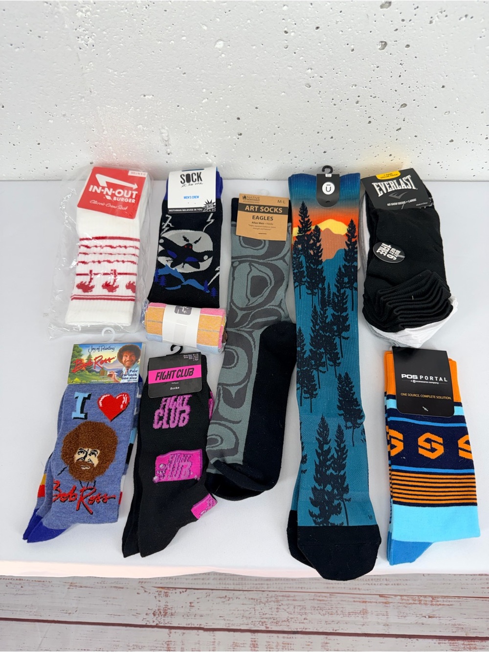 Lot of 16 All NEW Men’s Socks Bob Ross Fight Club In-N-Out Outway Gloves